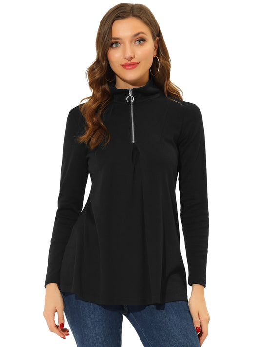 Women's Swing Blouse Mock Neck Long Sleeve Zip Up Tunic Top