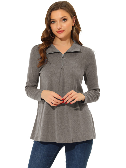 Women's Swing Blouse Mock Neck Long Sleeve Zip Up Tunic Top