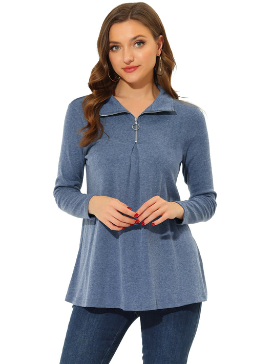 Women's Swing Blouse Mock Neck Long Sleeve Zip Up Tunic Top