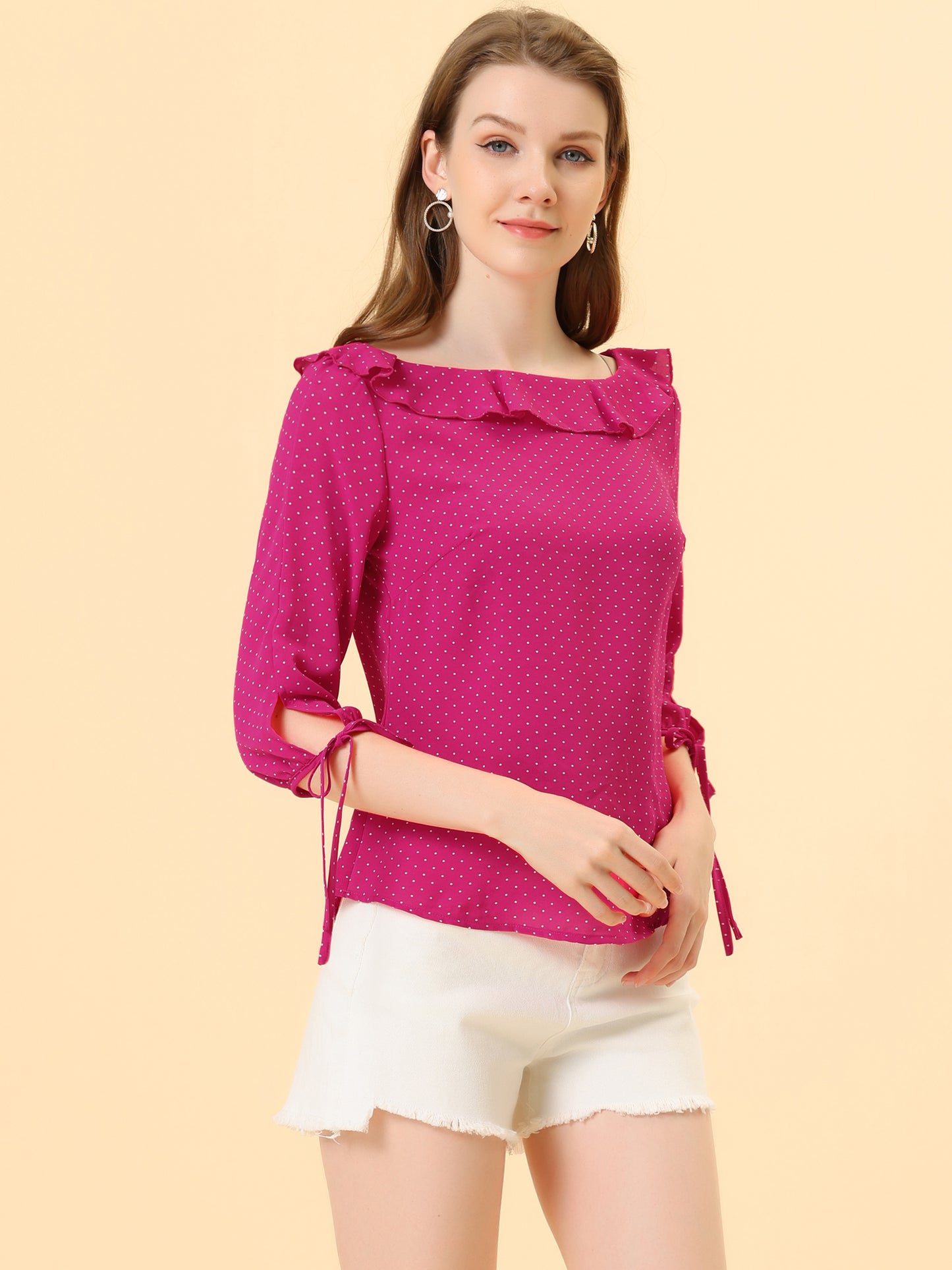 Women's Ruffled Collar Polka Dots 3/4 Sleeve Blouse