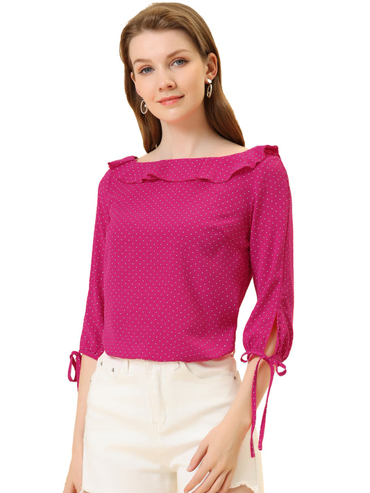 Women's Ruffled Collar Polka Dots 3/4 Sleeve Blouse