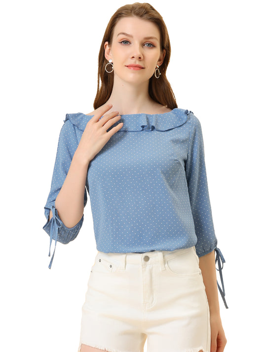 Women's Ruffled Collar Polka Dots 3/4 Sleeve Blouse