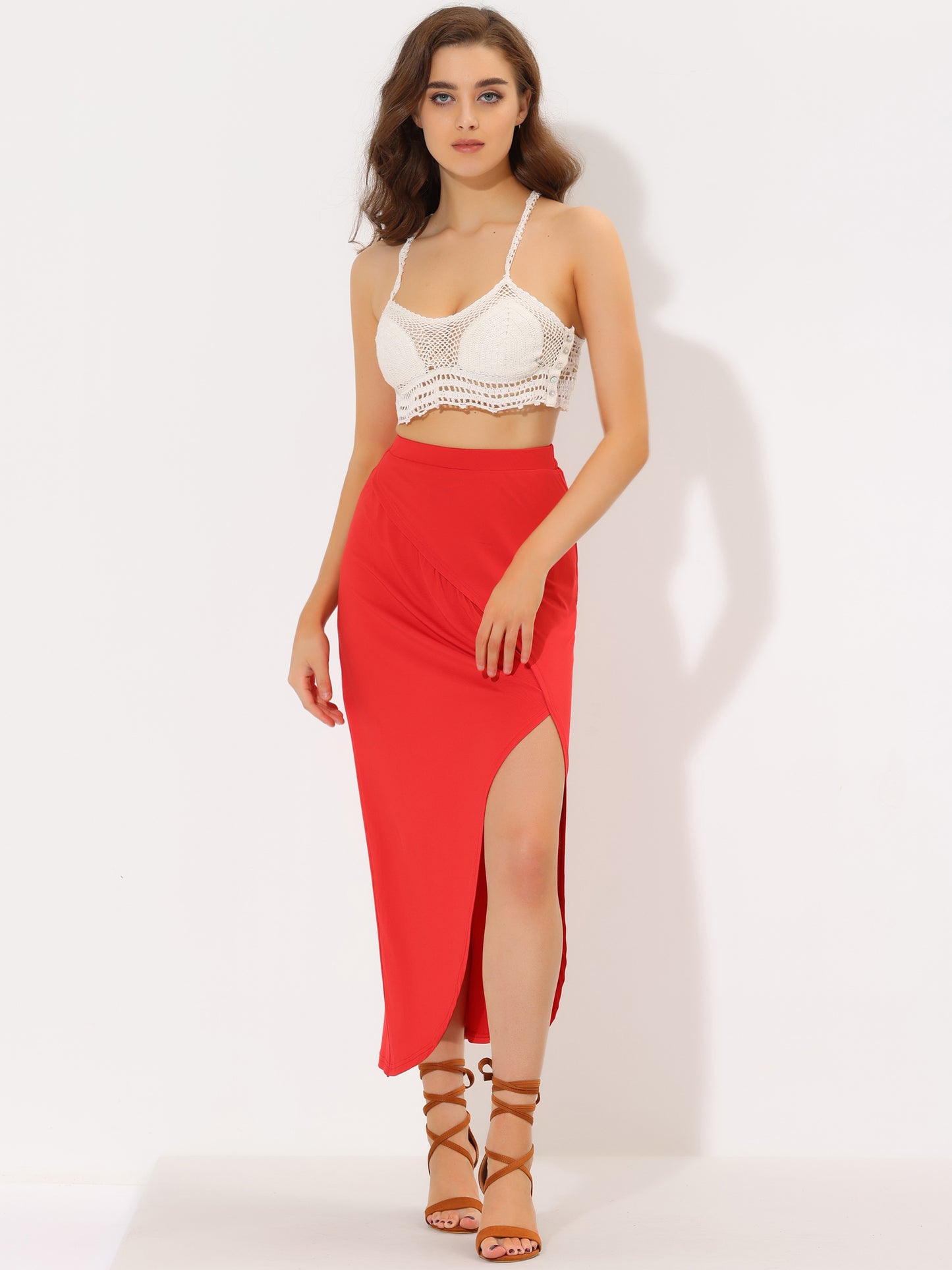 Women's Ruched Split High Waist Summer Long Maxi Skirt