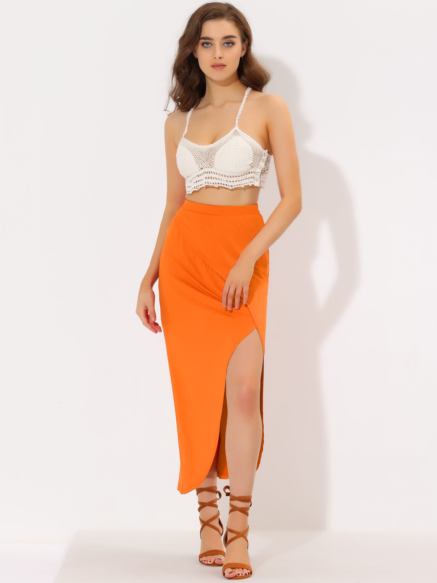 Women's Ruched Split High Waist Summer Long Maxi Skirt
