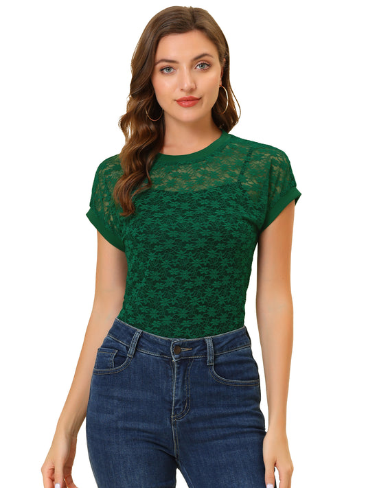 Women's Lace Floral Crew Neck Batwing Short Sleeves See-Through Top
