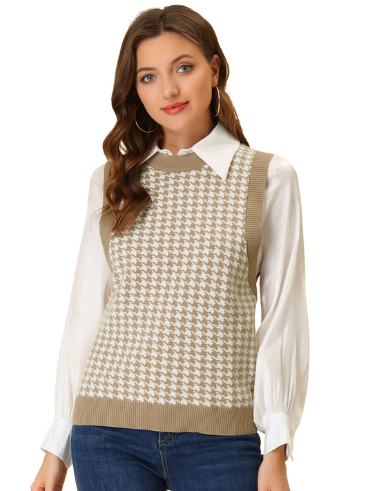 Women's Round Neck Vest Sleeveless Houndstooth Plaid Knitted Sweater