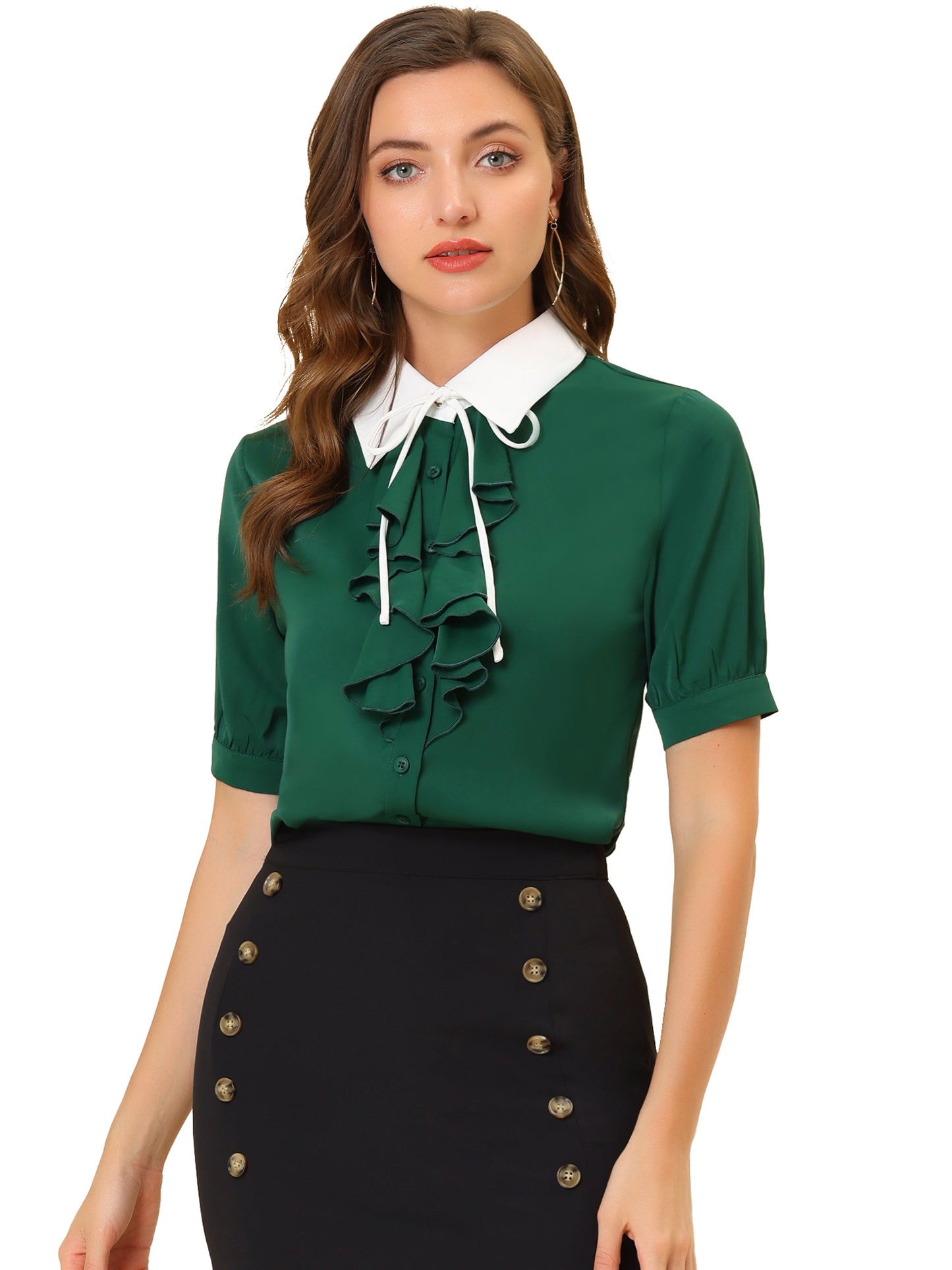 Women's Ruffle Shirts Contrast Collar Button Down Short Sleeve Work Blouse