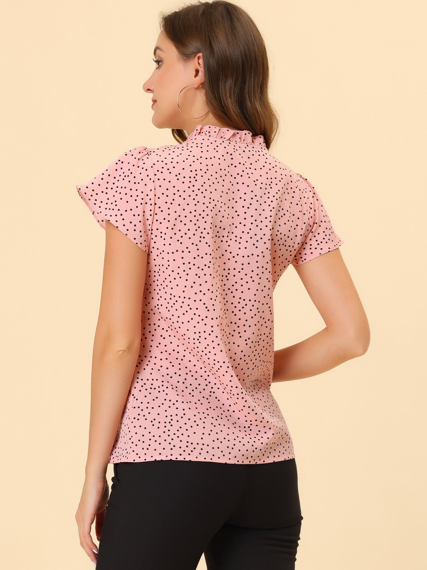 Women's Ruffle Summer Dots Print Retro Short Sleeve Button Down Blouse Top