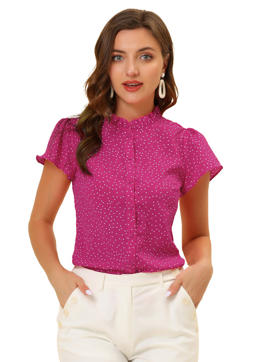 Women's Ruffle Summer Dots Print Retro Short Sleeve Button Down Blouse Top