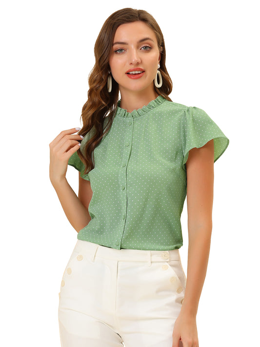 Women's Ruffle Summer Dots Print Retro Short Sleeve Button Down Blouse Top