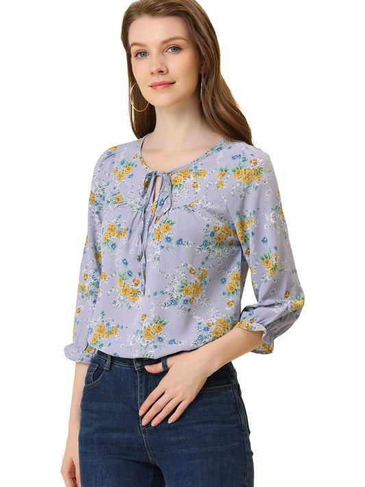 Women's Tie Neck 3/4 Sleeve Floral Blouse Bow Top