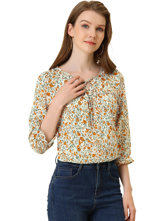 Women's Tie Neck 3/4 Sleeve Floral Blouse Bow Top
