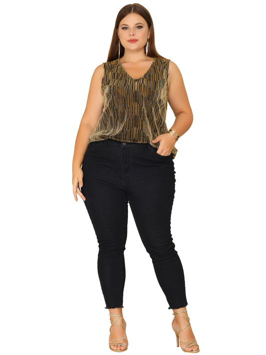 Women Plus Size Sequin Tops Sleeveless Glitter Glam Gradient Tank Vest