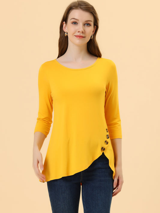 Women's Tunic T-shirt Loose Asymmetry Hem 3/4 Sleeve Round Neck Casual Basic Top (Available in Plus Size)