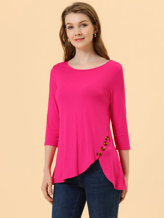 Women's Tunic T-shirt Loose Asymmetry Hem 3/4 Sleeve Round Neck Casual Basic Top (Available in Plus Size)
