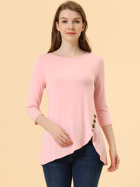 Women's Tunic T-shirt Loose Asymmetry Hem 3/4 Sleeve Round Neck Casual Basic Top