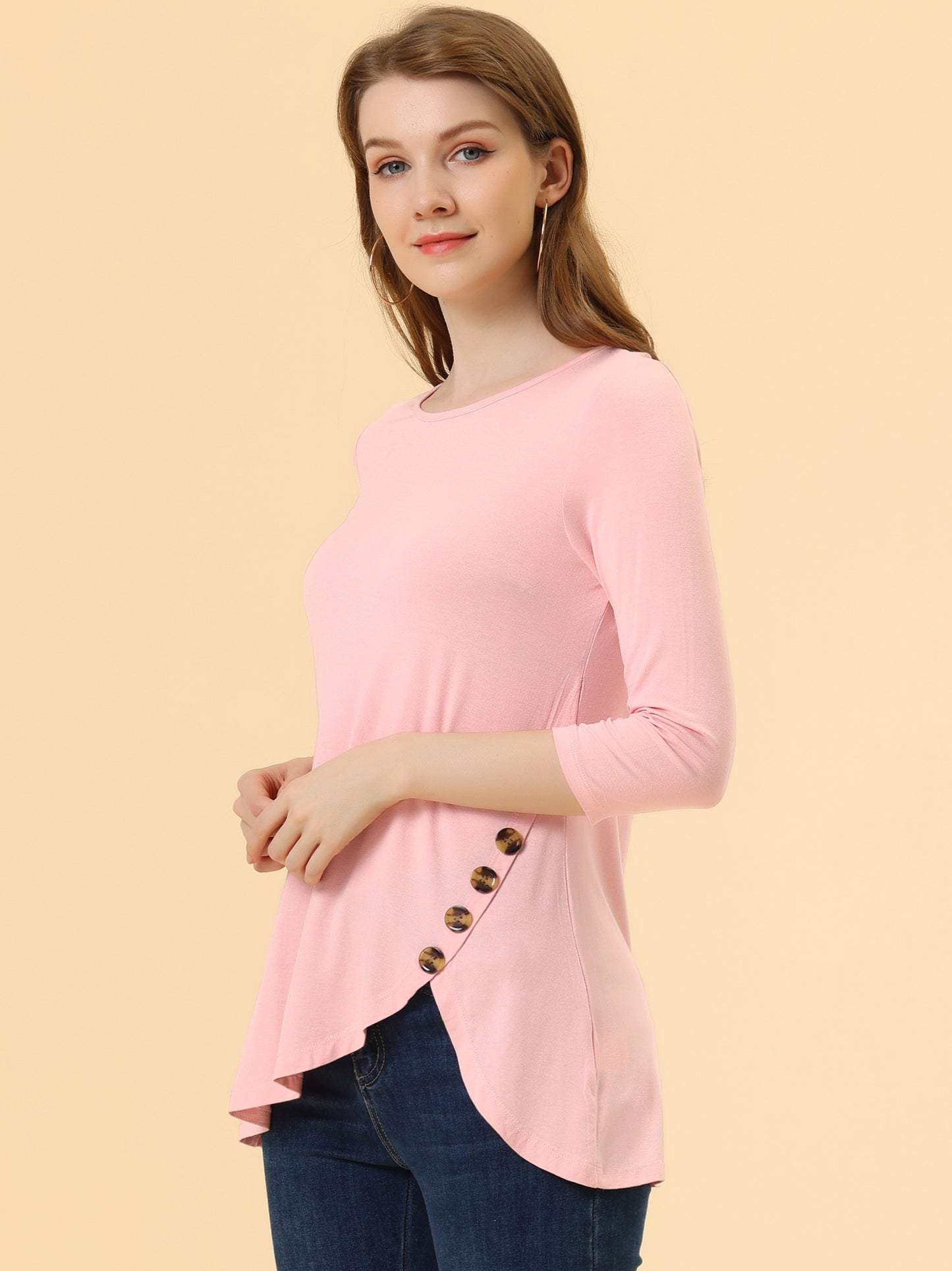 Women's Tunic T-shirt Loose Asymmetry Hem 3/4 Sleeve Round Neck Casual Basic Top