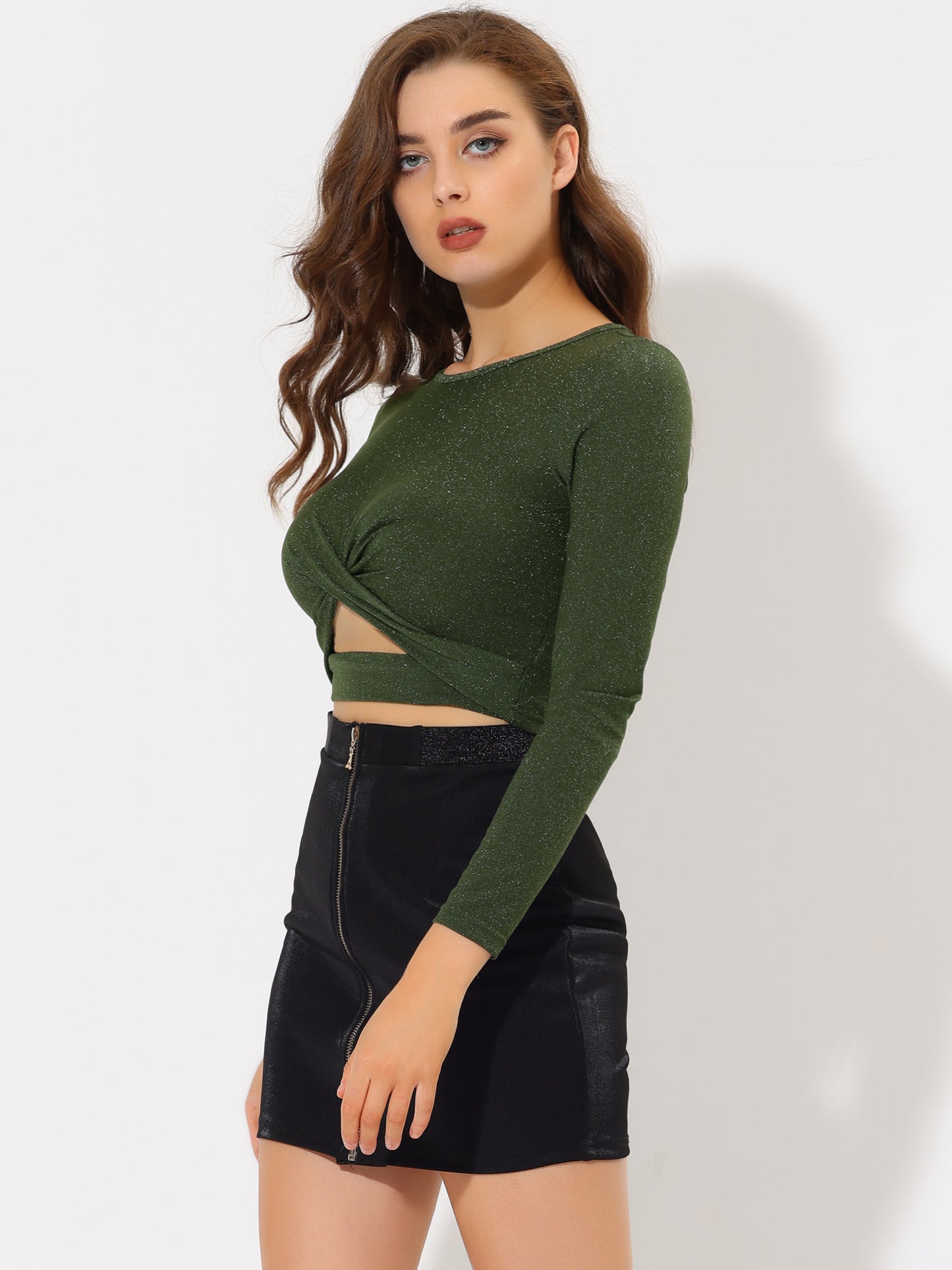 Women's Glitter Top Twist Fitted Long Sleeve Cutout Party Cropped Sparkly Top (Available in Plus Size)