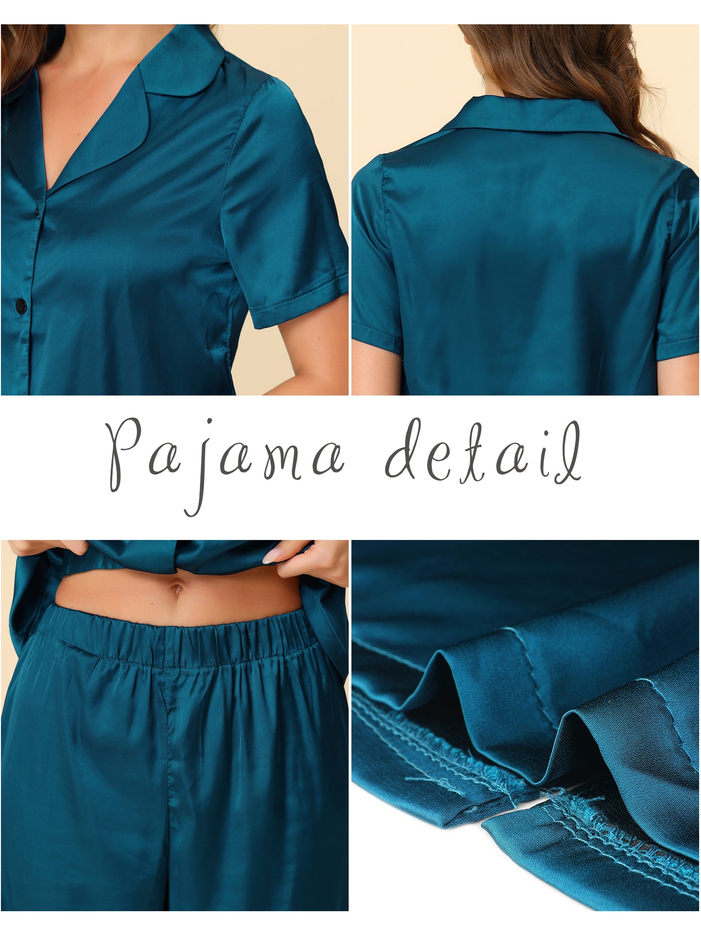 cheibear Pajama Loungewear Tops and Capri Pants Satin Sets Peacock Blue