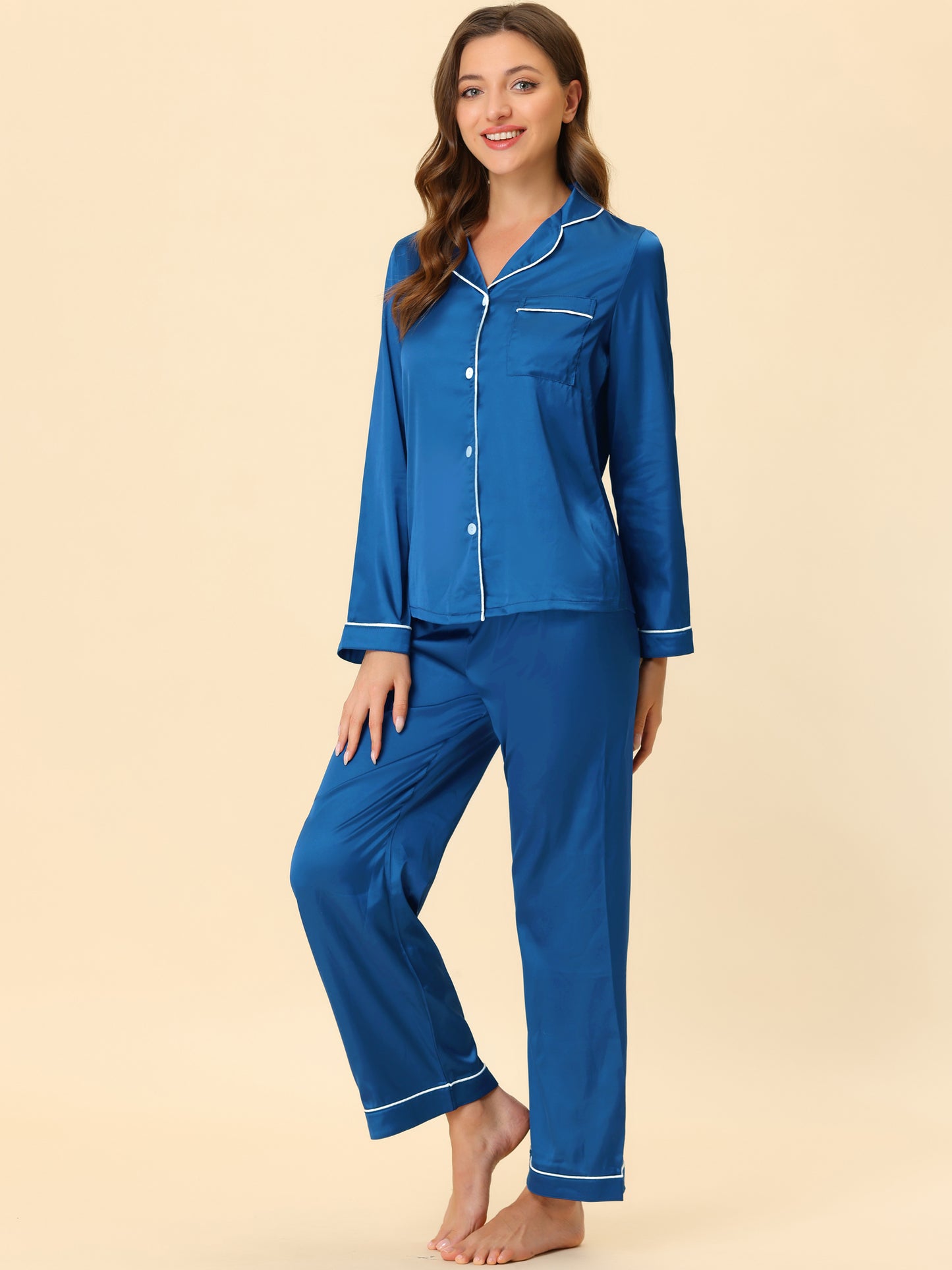 cheibear Pajama Loungewear Long Sleeves Tops and Pants Satin Sets Blue