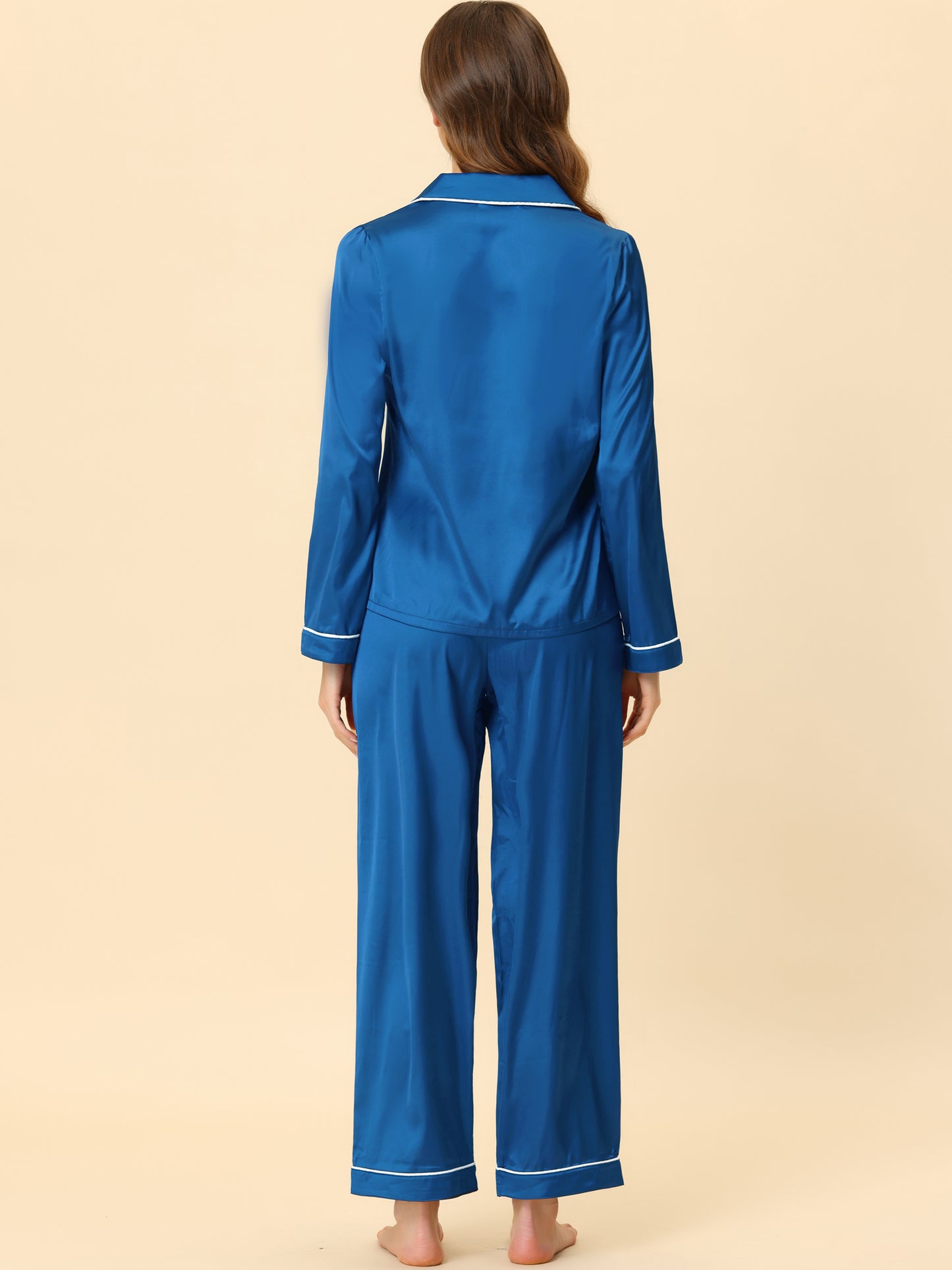 cheibear Pajama Loungewear Long Sleeves Tops and Pants Satin Sets Blue