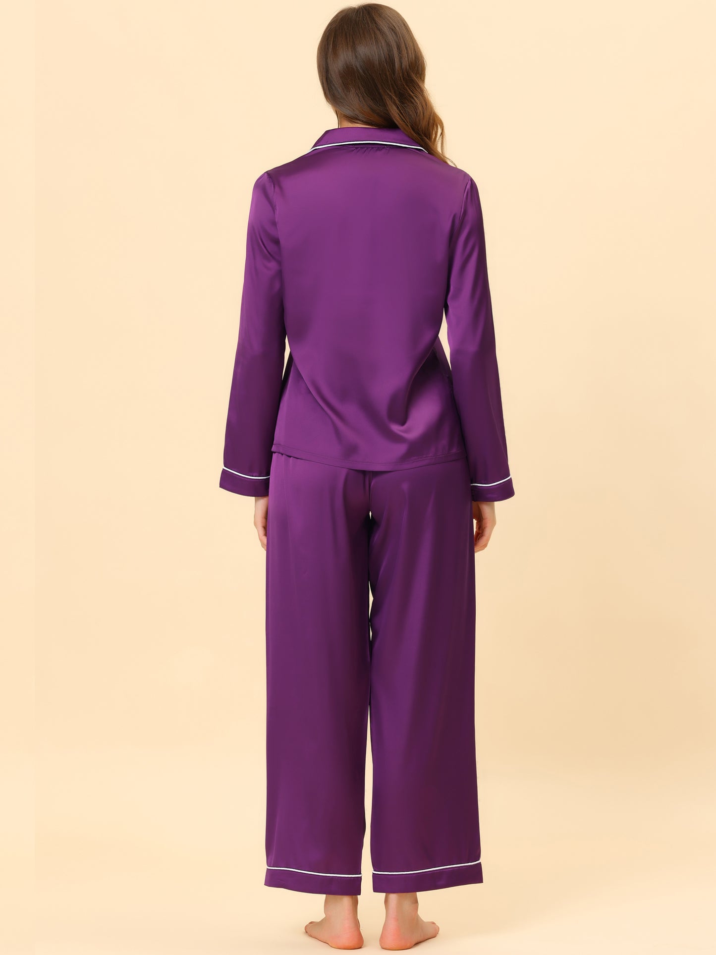 cheibear Pajama Loungewear Long Sleeves Tops and Pants Satin Sets Purple