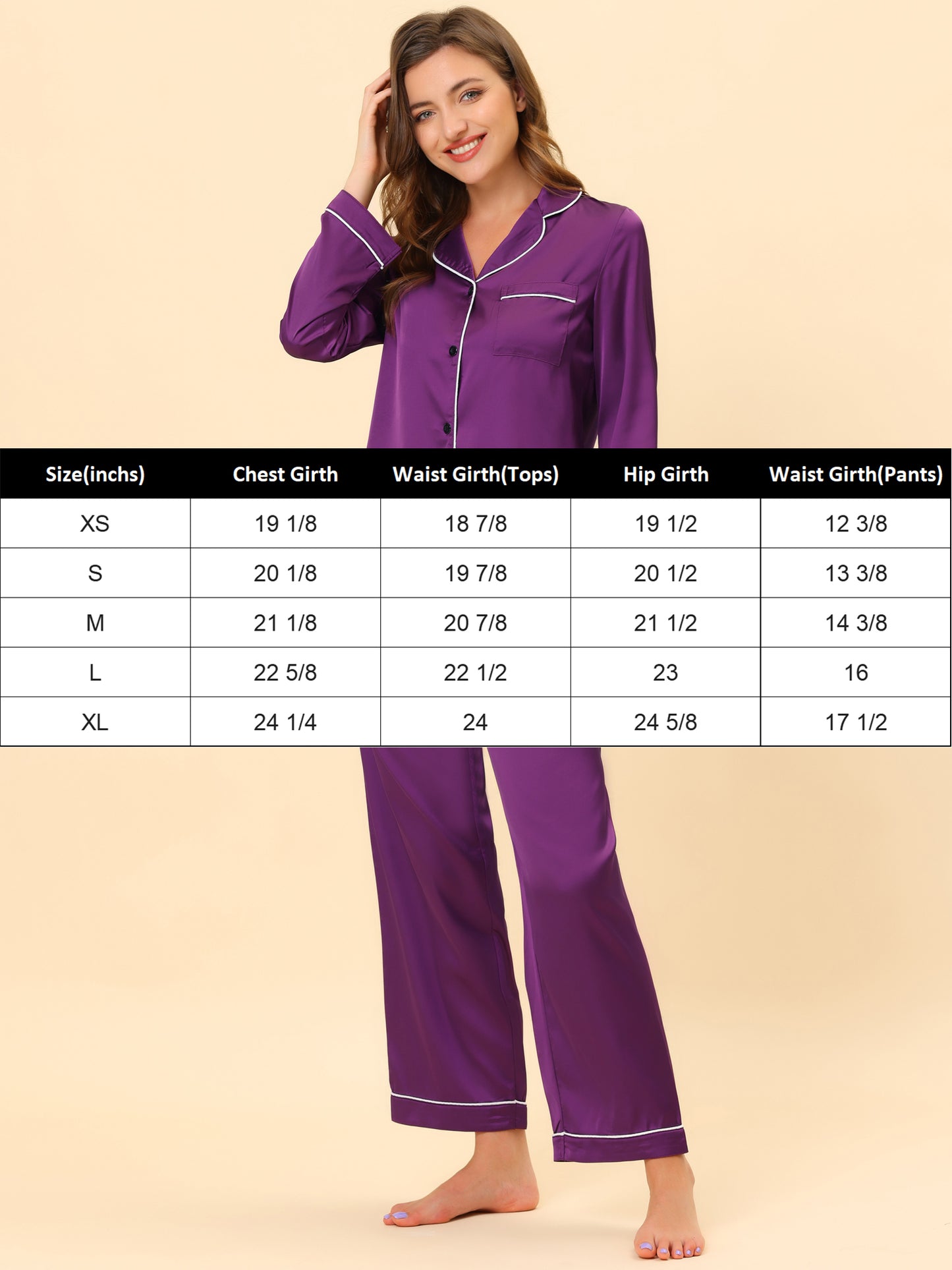 cheibear Pajama Loungewear Long Sleeves Tops and Pants Satin Sets Purple