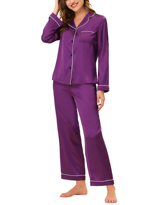 cheibear Pajama Loungewear Long Sleeves Tops and Pants Satin Sets Purple