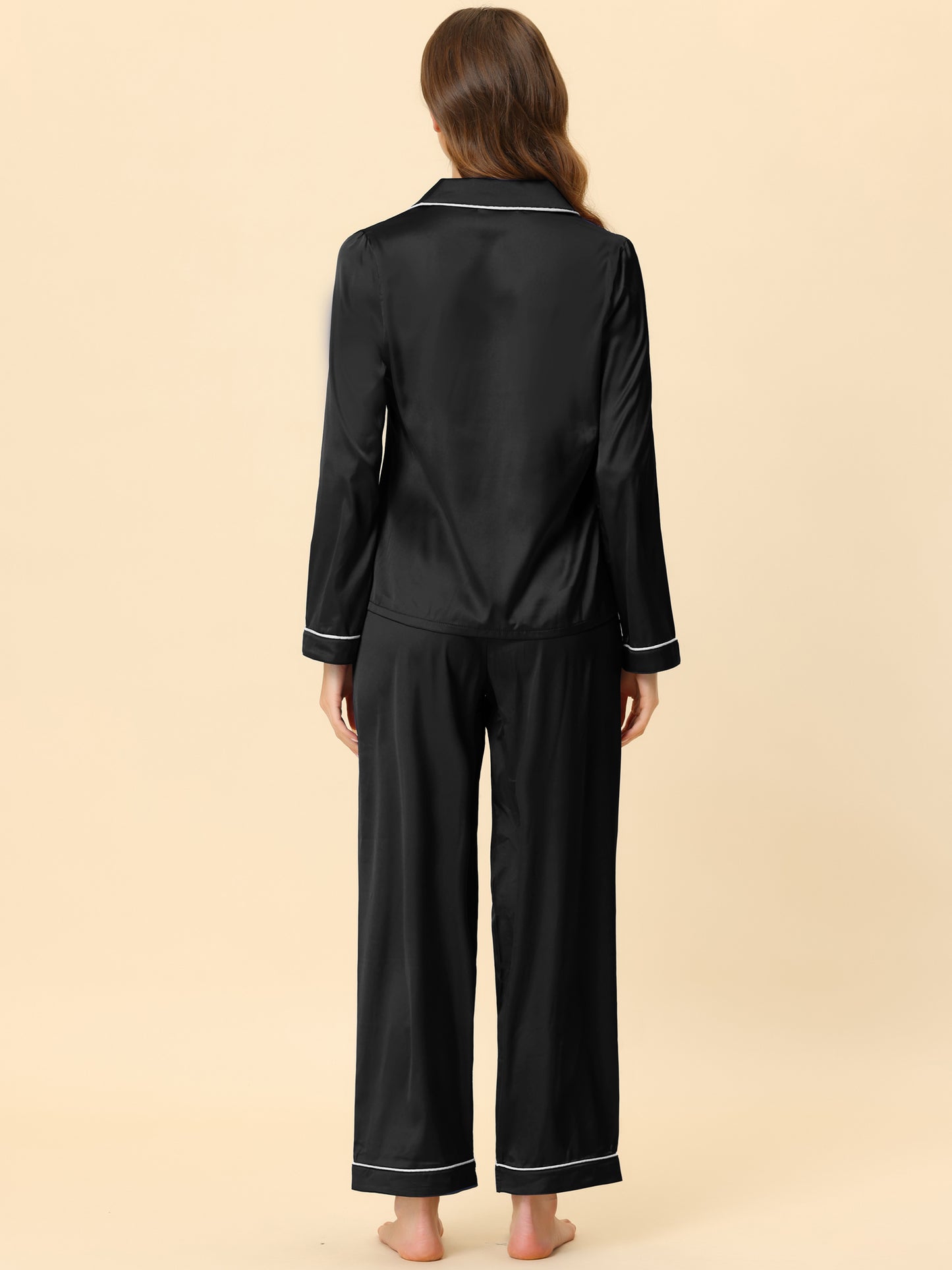 cheibear Pajama Loungewear Long Sleeves Tops and Pants Satin Sets Black