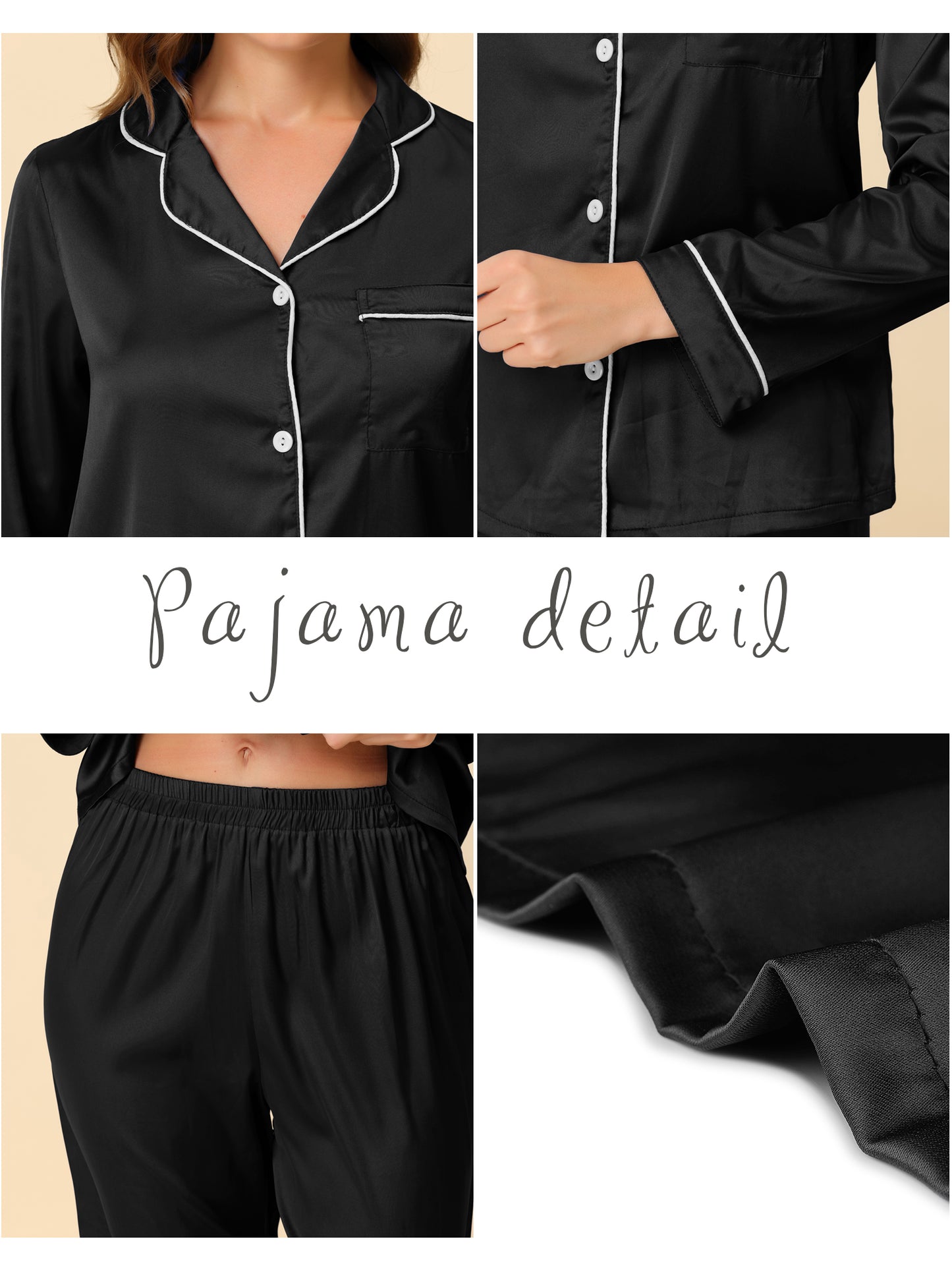 cheibear Pajama Loungewear Long Sleeves Tops and Pants Satin Sets Black