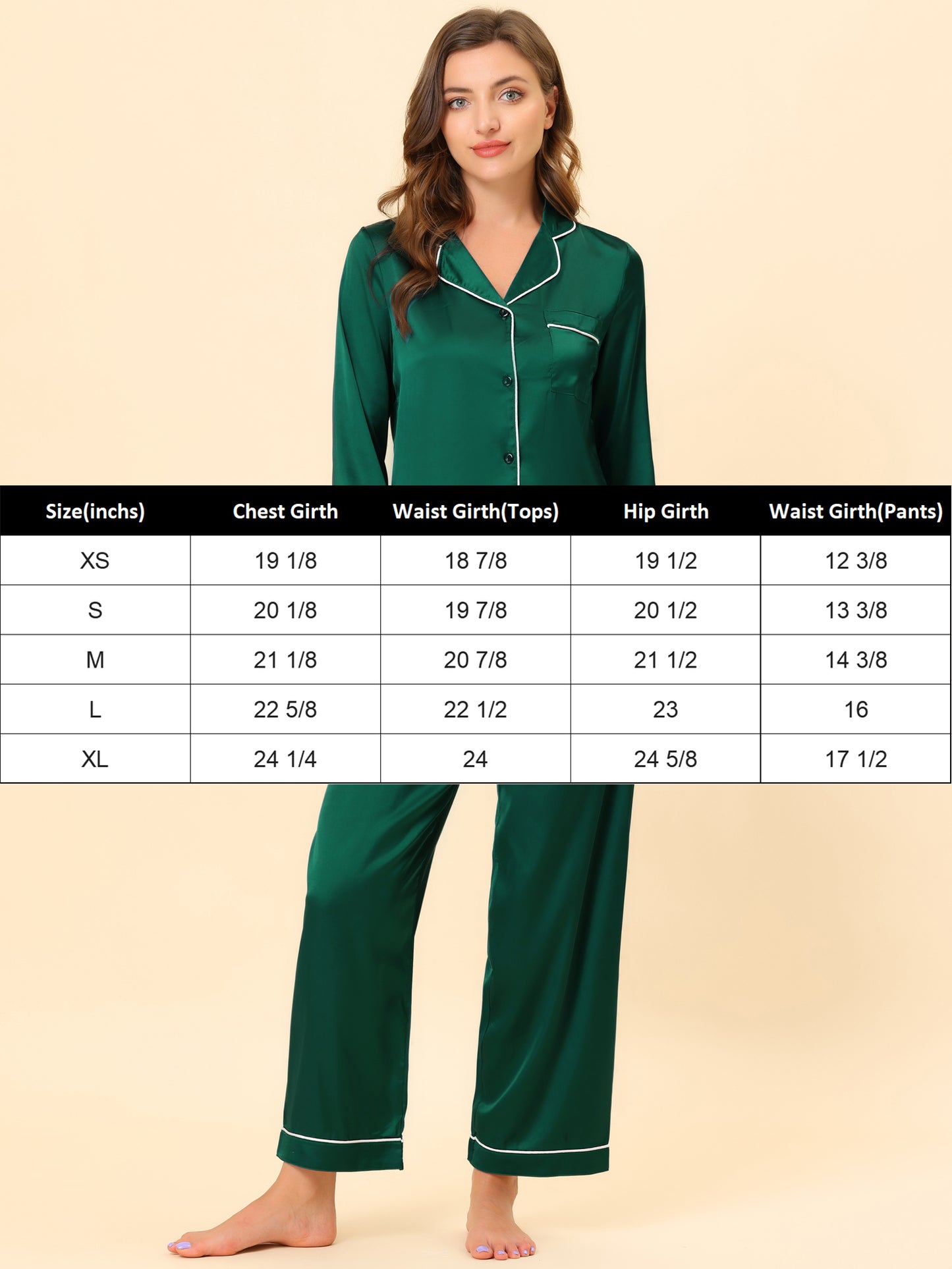 cheibear Pajama Loungewear Long Sleeves Tops and Pants Satin Sets Green