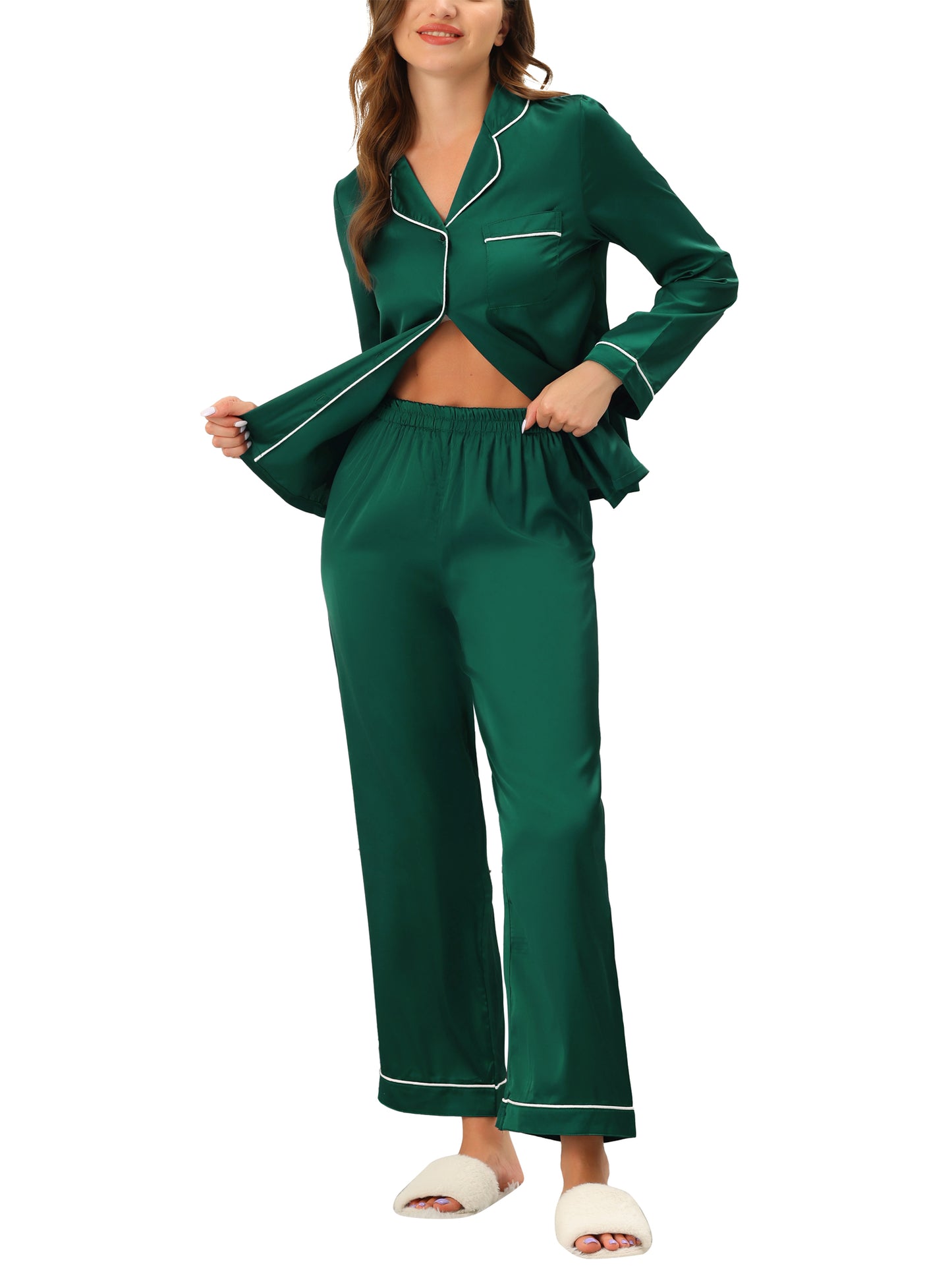 cheibear Pajama Loungewear Long Sleeves Tops and Pants Satin Sets Green