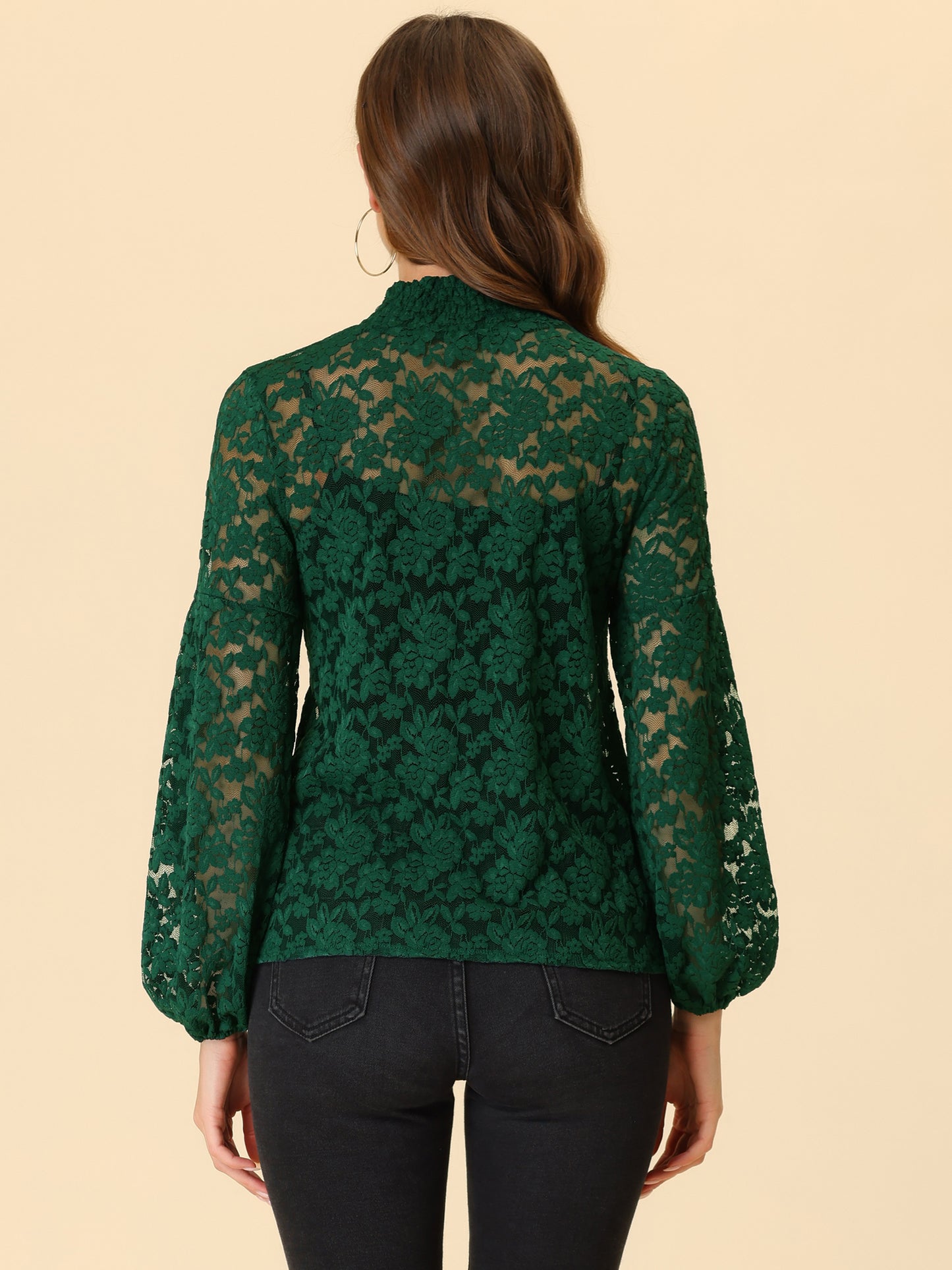 Women's Floral Lace Turtleneck Puff Long Sleeve See Through Sheer Blouse