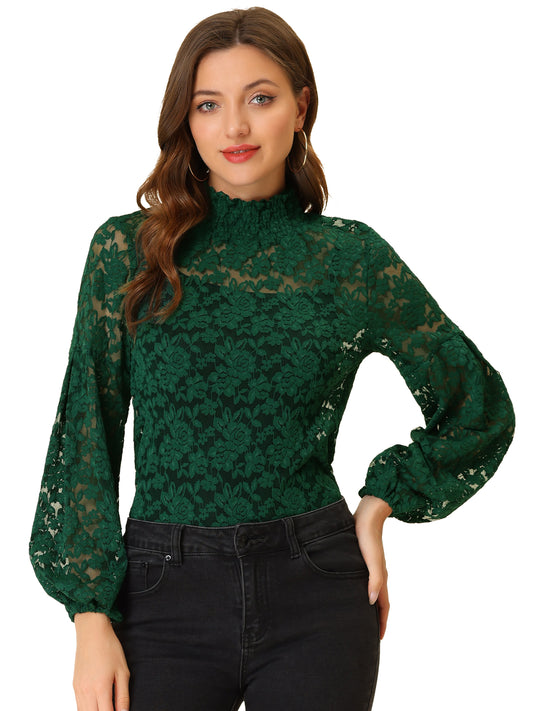 Women's Floral Lace Turtleneck Puff Long Sleeve See Through Sheer Blouse