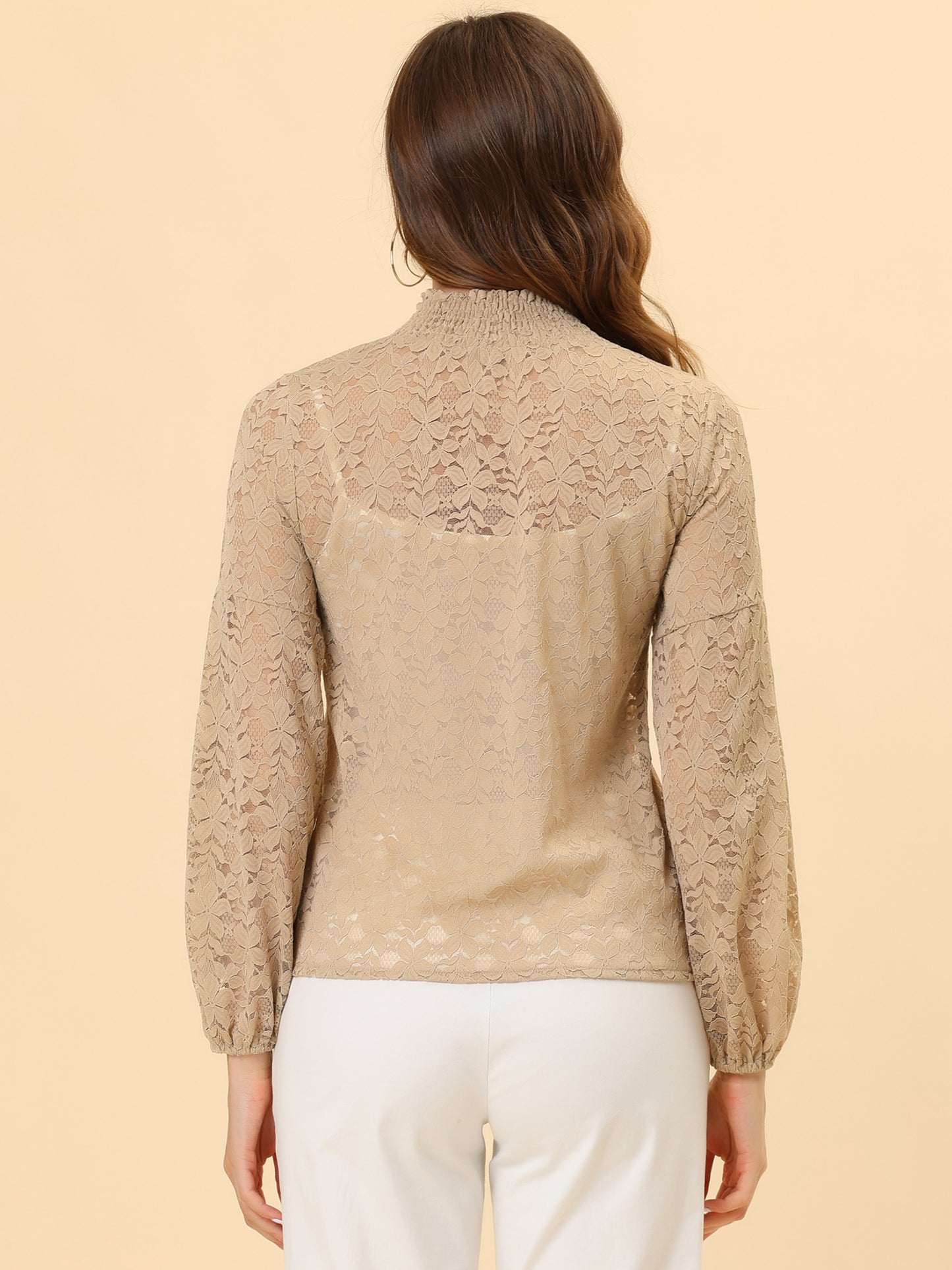 Women's Floral Lace Turtleneck Puff Long Sleeve See Through Sheer Blouse