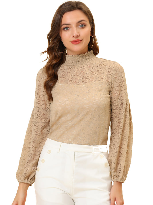 Women's Floral Lace Turtleneck Puff Long Sleeve See Through Sheer Blouse
