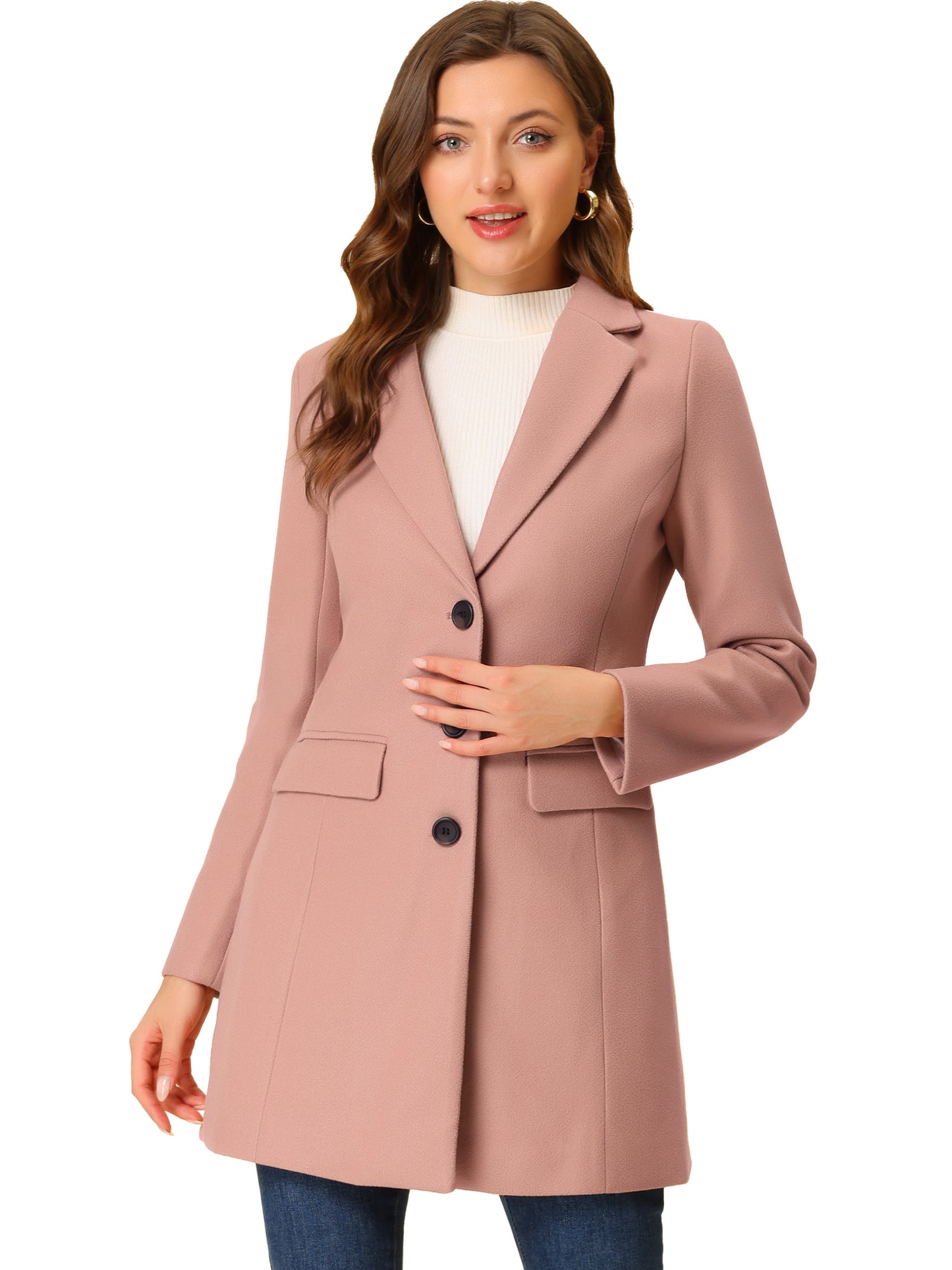 Allegra K Notched Lapel Single Breasted Outwear Winter Coat Dusty Pink