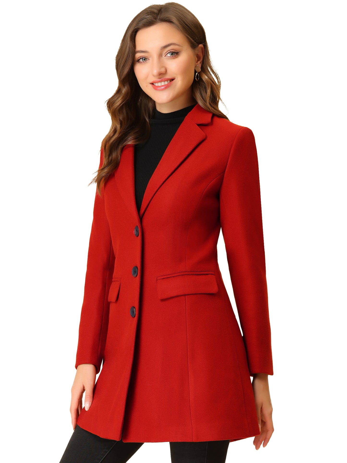 Allegra K Notched Lapel Single Breasted Outwear Winter Coat Red