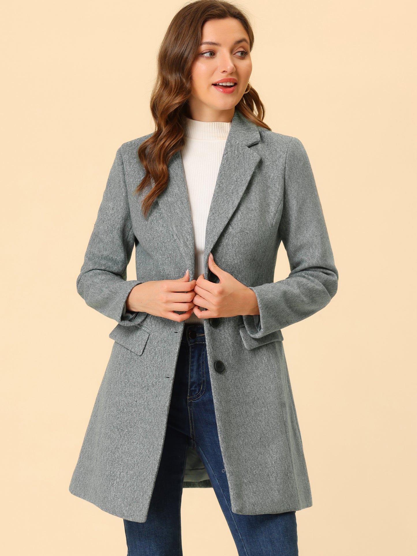 Allegra K Notched Lapel Single Breasted Outwear Winter Coat Light Grey