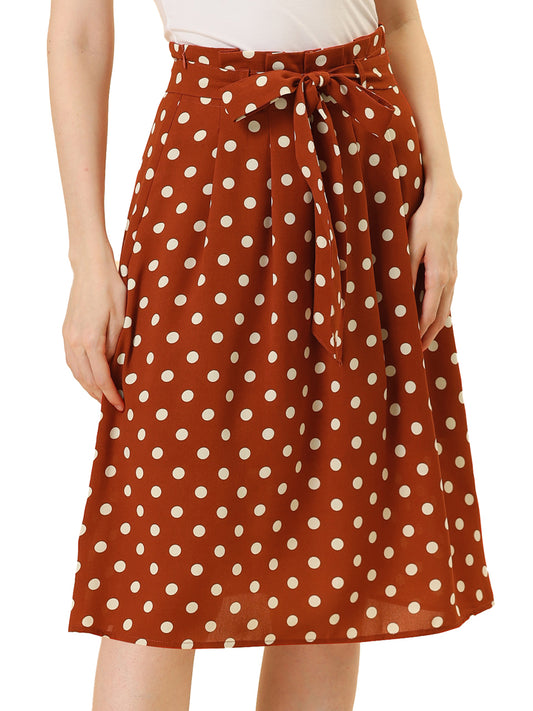 Women's Retro Belted Elastic High Waist A-Line Printed Midi Skirt