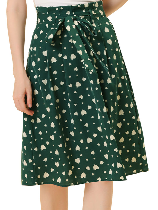 Women's Retro Belted Elastic High Waist A-Line Printed Midi Skirt