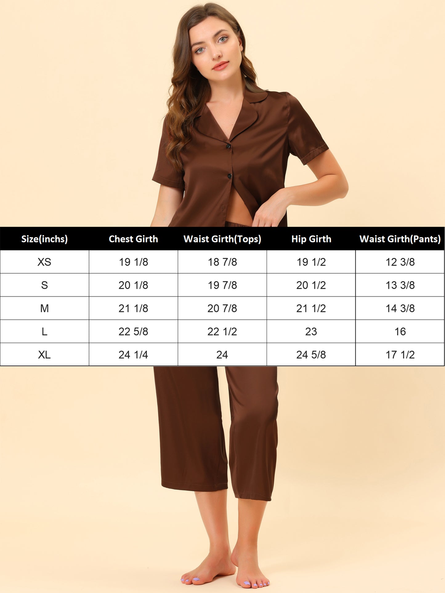 Women's Satin Pajamas Sleepwear Button Down Lounge Silk Pjs Set with Capri Pants