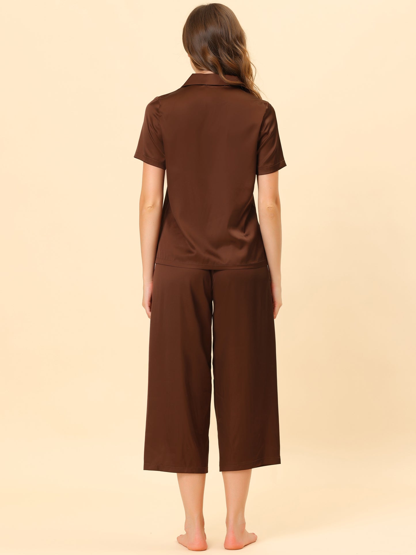 cheibear Pajama Loungewear Tops and Capri Pants Satin Sets Brown