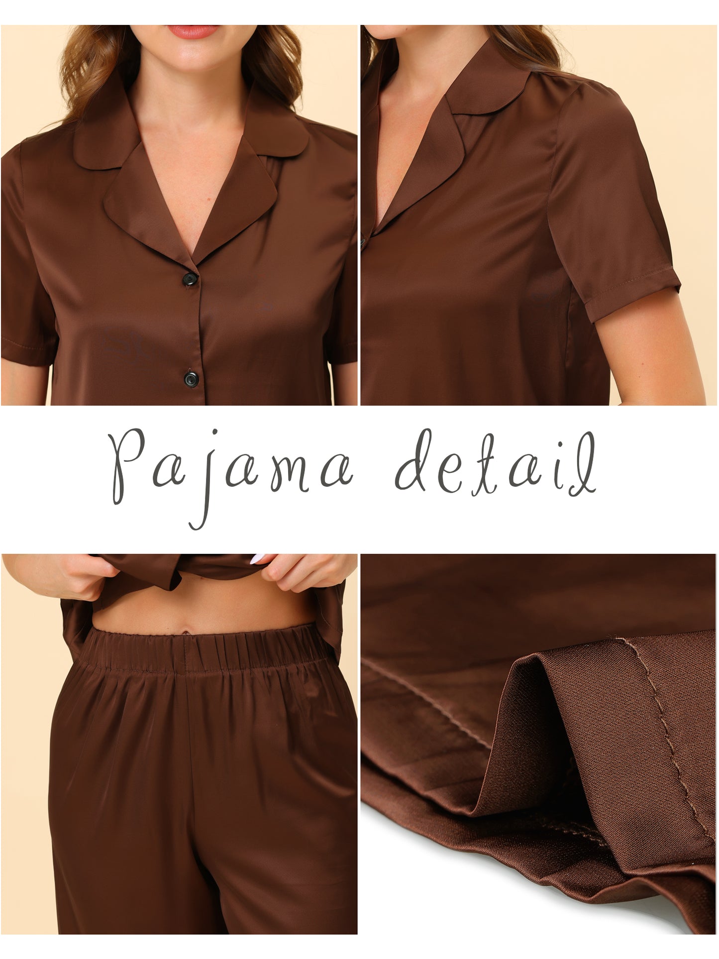 cheibear Pajama Loungewear Tops and Capri Pants Satin Sets Brown