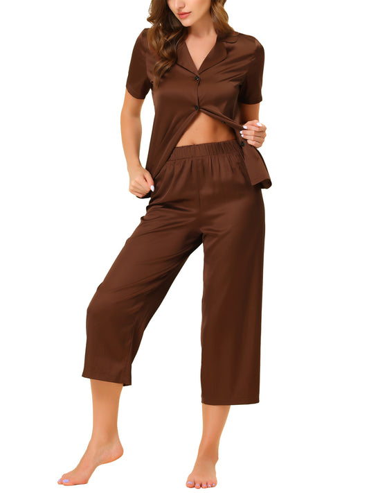 cheibear Pajama Loungewear Tops and Capri Pants Satin Sets Brown