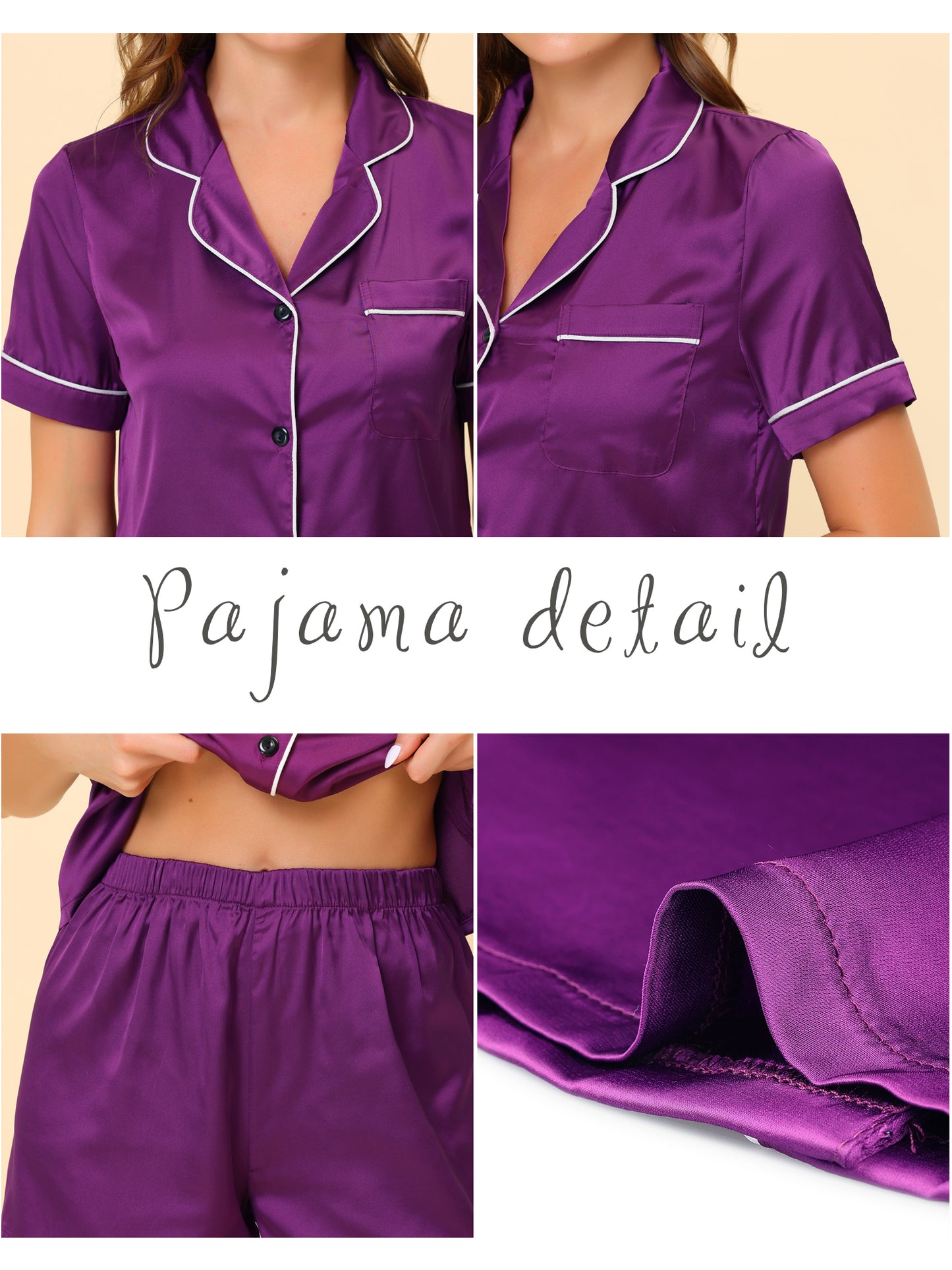 cheibear Pajama Loungewear Short Sleeves Button Down Satin Pj Sets Purple