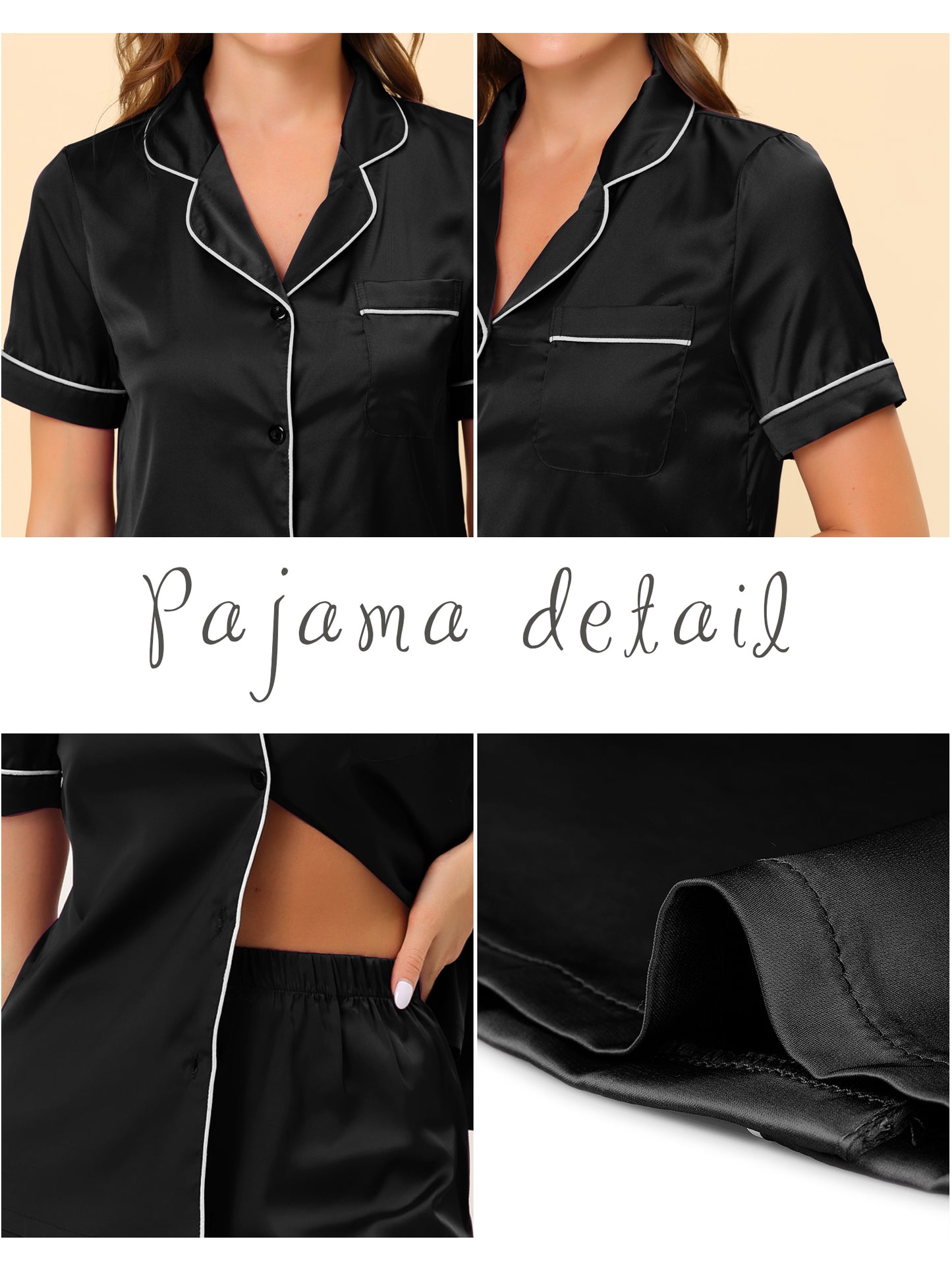 cheibear Pajama Loungewear Short Sleeves Button Down Satin Pj Sets Black