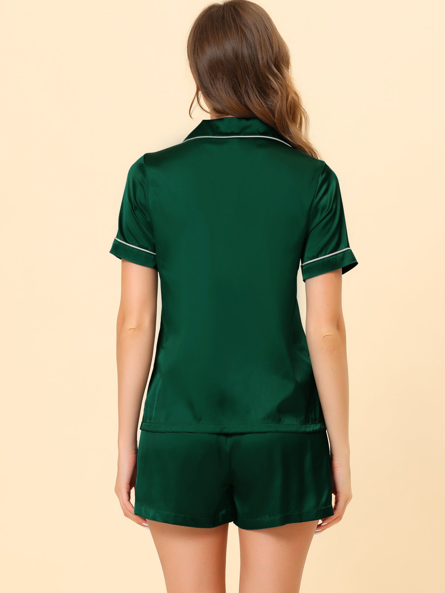 cheibear Pajama Loungewear Short Sleeves Button Down Satin Pj Sets Green