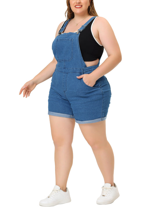 Mono de mezclilla con bolsillos y dobladillo enrollado para mujer, talla grande