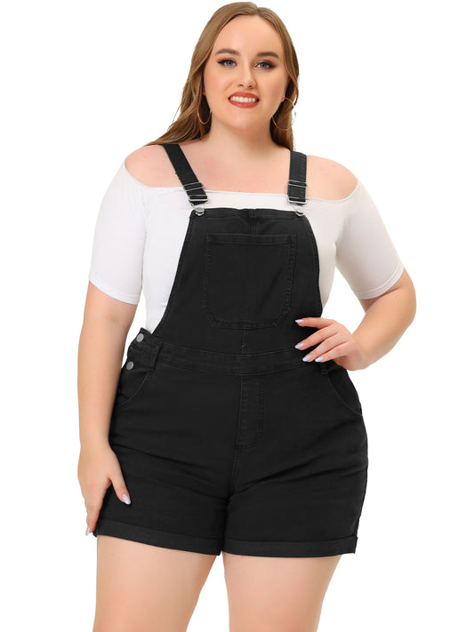 Women Plus Size Overall Shorts Jumpsuit Roll Hem Pocket Jean Denim Overalls